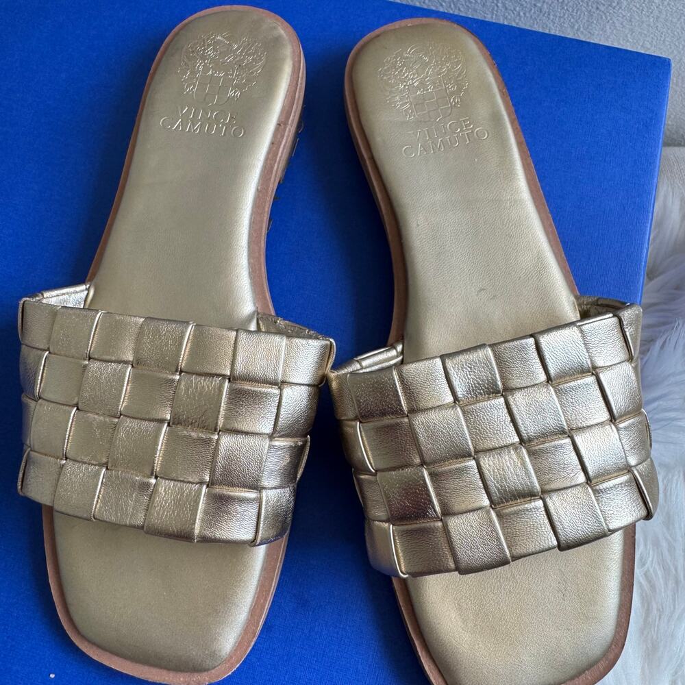 Vince Camuto Metallic Gold Woven Leather Slide Sandals Size 7 - Picture 2 of 10